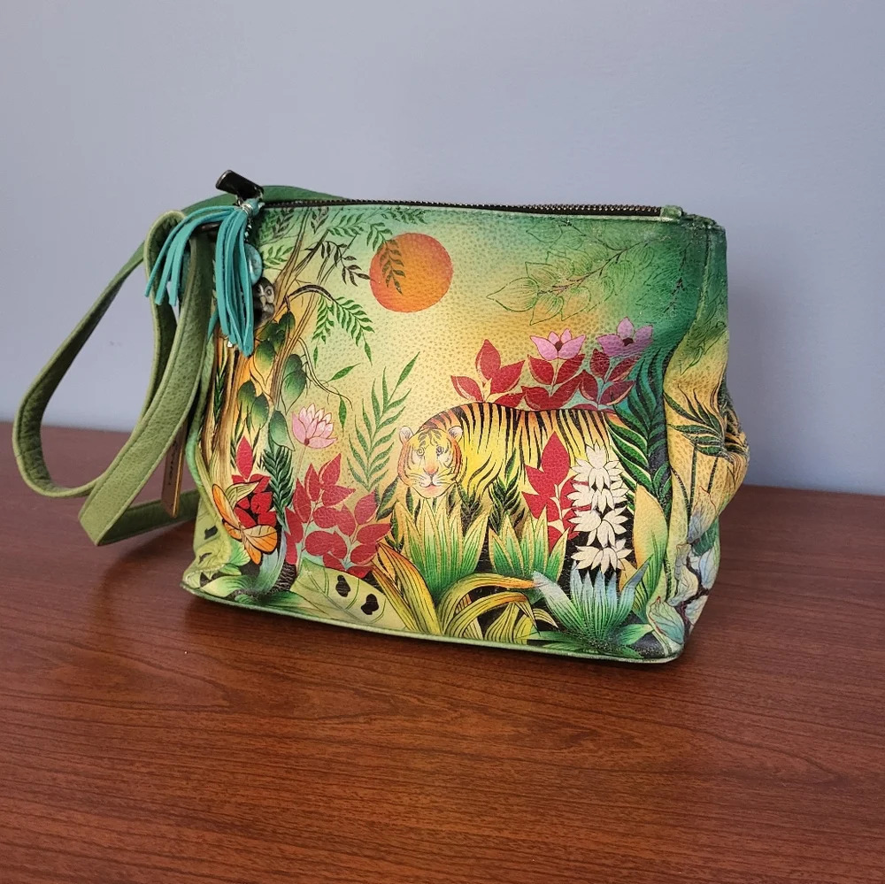 ANUSCHKA Artisan Handpainted Colorful Leather Triple Compartment Crossbody Tote